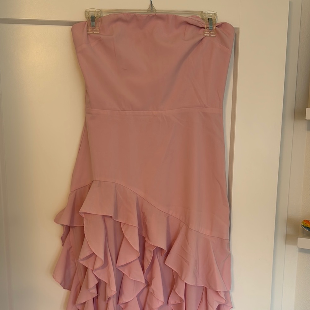 Oh Polly Pink Strapless Asymmetrical Ruffled Dress